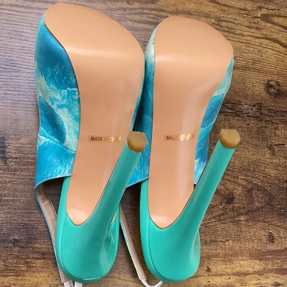 FSJ Blue & Green Abstract Paint Design Platform Slingback 5.5” + Heel - Picture 10 of 12